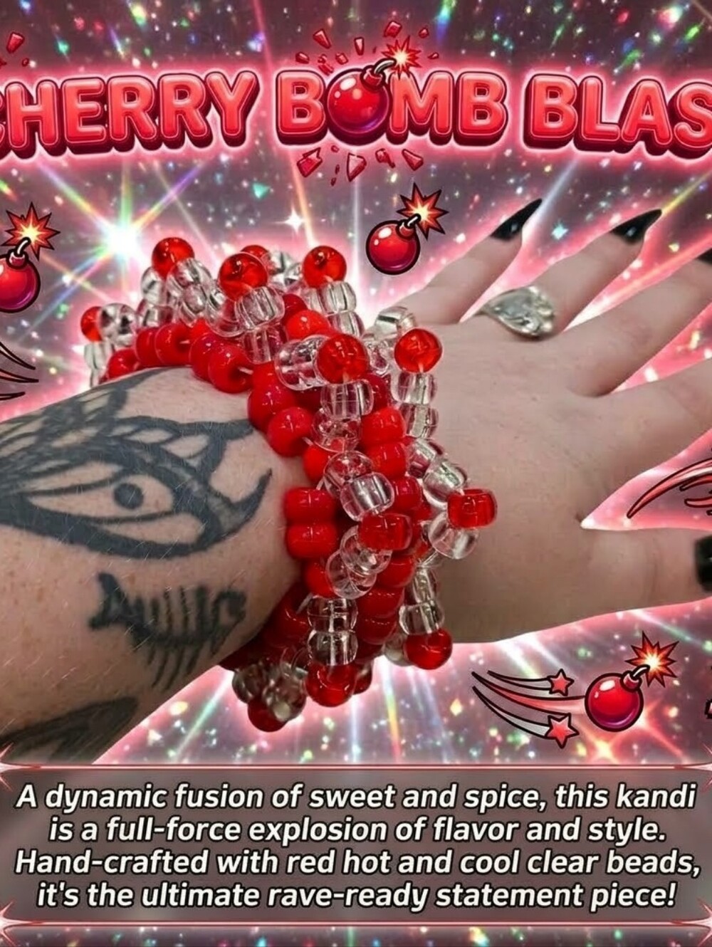 Cherry Bomb Blast 3D Kandi Cuff - Red & Clear Statement Rave Bracelet - Kandi